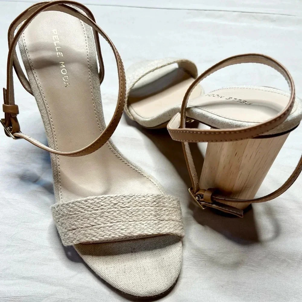Pelle Moda Zina Beige Leather Ankle Strap Sandals Size 9 Block Heel Jute Wrapped
